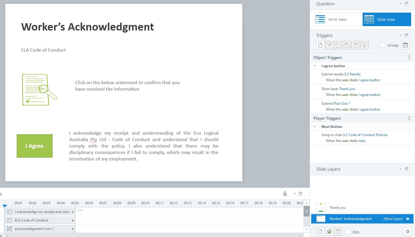Using quiz for 1 choice - agree button (acknowledgement policy is read ...