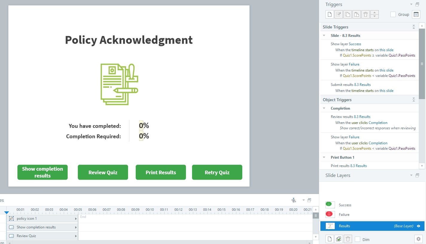 Using quiz for 1 choice - agree button (acknowledgement policy is read ...