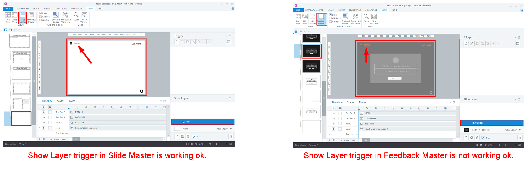 Bug? Feedback Master Slide Show Layer trigger not working? | E-Learning ...
