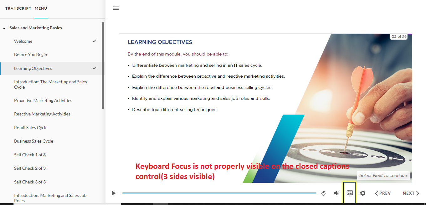 Keyboard Focus is not properly visible on the closed captions control(3 ...
