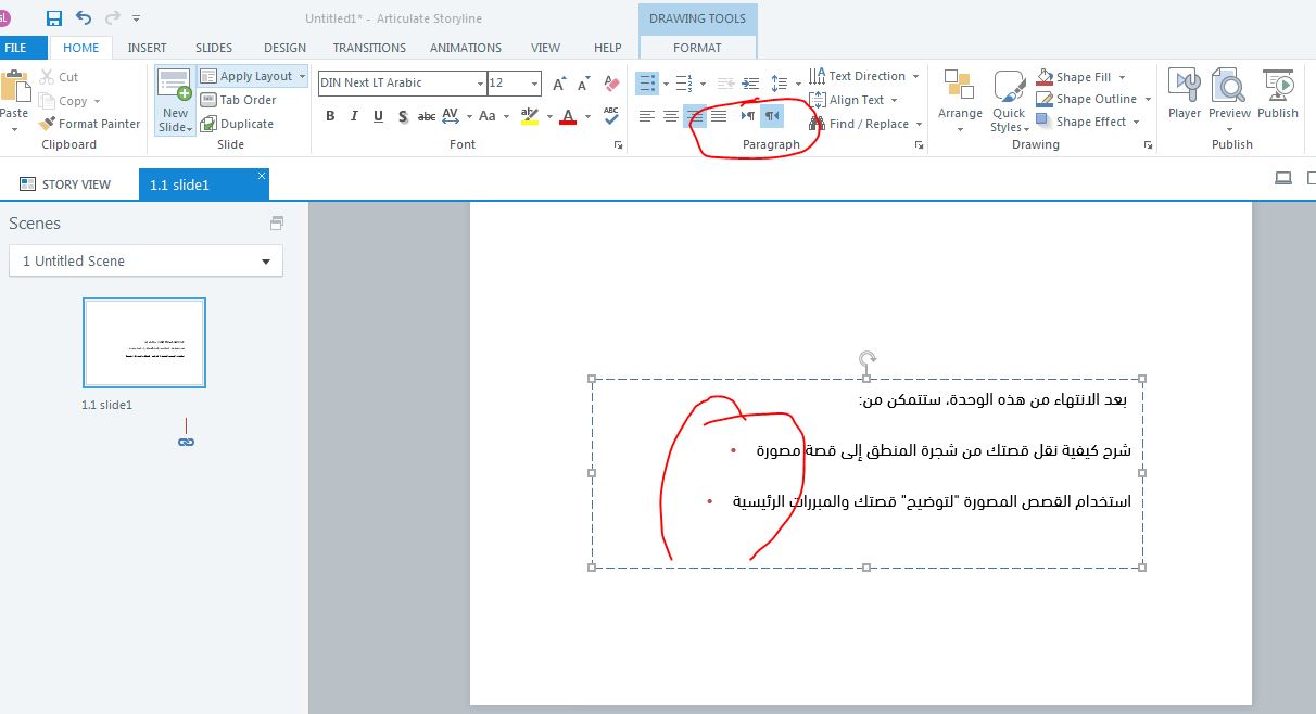Bullet point are displayed on left for Arabic langauge in Storyline 360 ...