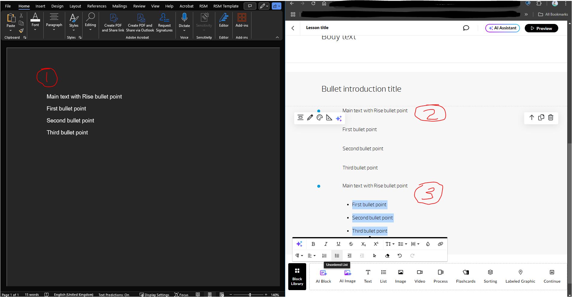 Adding bullets inside a numbered list block | E-Learning Heroes