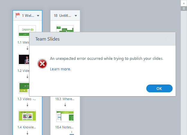 Team Slides - An unexpected error occurred while trying to publish your ...