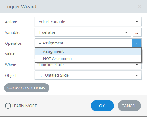 Assignment/NOT Assignment Trigger Operators | E-Learning Heroes