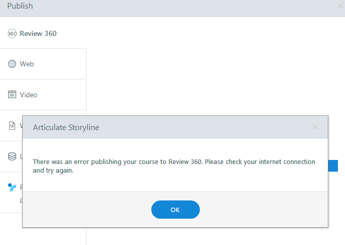 No Internet Connection Error when publishing from Storyline to Review ...