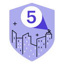 Purple shield with an illustration of buildings and the number 5.