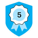 Blue shield with an illustration of a prize-winning ribbon with the number 5 inside.