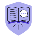 Purple shield with an illustration of a book with a text bubble inside.