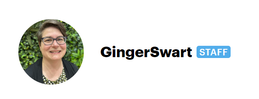 Circle with a picture of Ginger Swart followed by her name and the label STAFF.