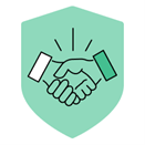 Green shield with an illustration of a handshake.