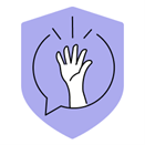 Purple shield with an illustration of a hand inside a text bubble.