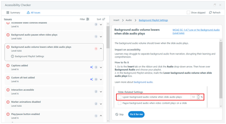 A screenshot of the new Accessibility Checker available in Storyline 360 Update 100. The screenshot depicts a left panel showing a list of accessibility violations with one related to background audio selected. The right panel shows details about the background audio violation, including a link to the related WCAG criteria, a blurb describing why resolving this violation is important, and options on how to fix it.