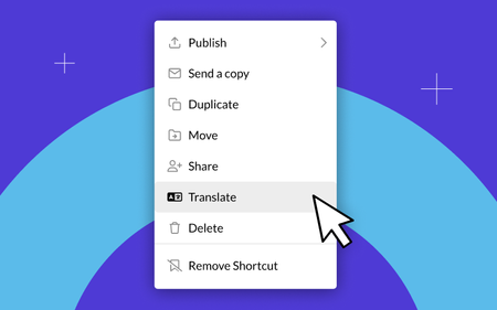 A screenshot from the Rise dashboard showing course menu. The new option for Translate is highlighted.