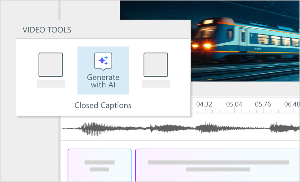 Video Tools menu with a “Generate with AI” closed captions option selected.