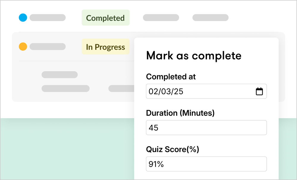 Reach menu showing manual course completion with fields for date, duration in minutes, and quiz score.
