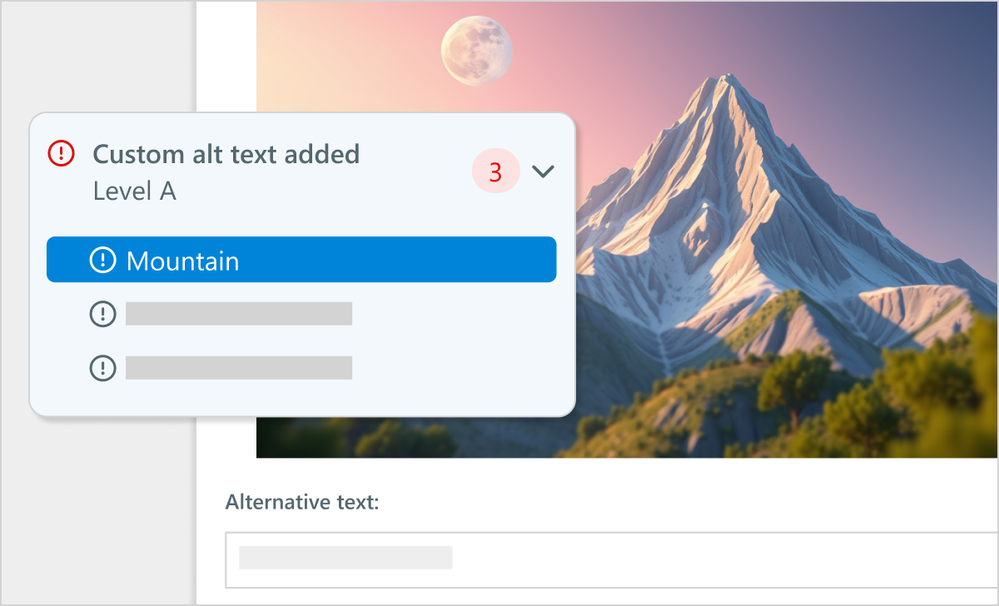 Accessibility checker flags lack of alt text and prompts improvement suggestions for a scenic mountain image.