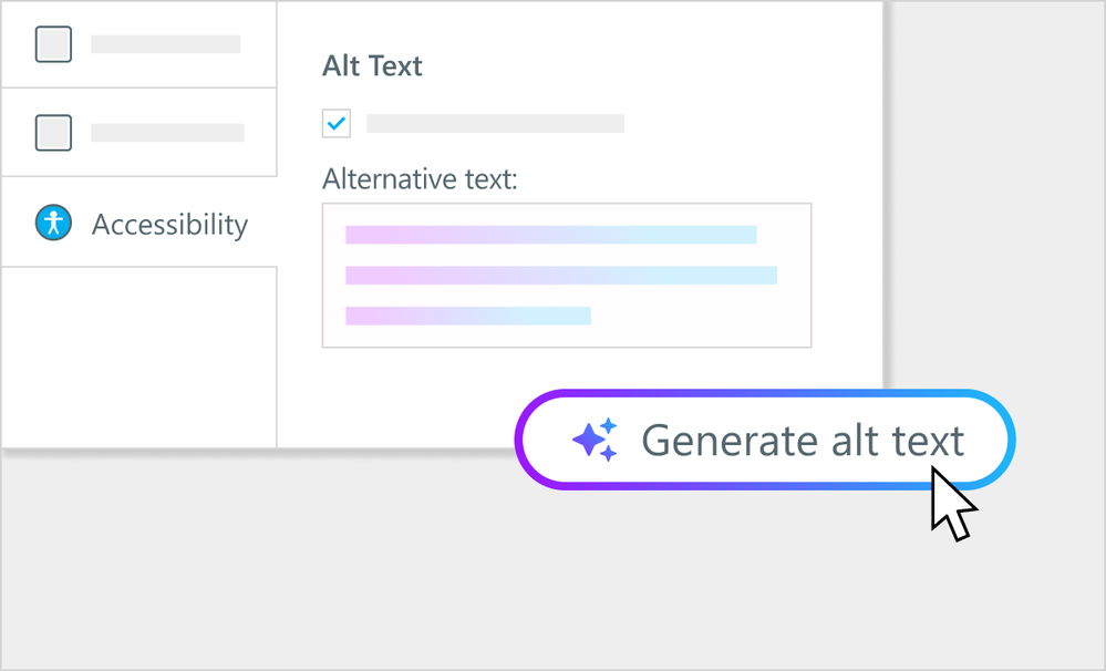 Accessibility settings panel with a selected alt text field and “Generate alt text” button highlighted.