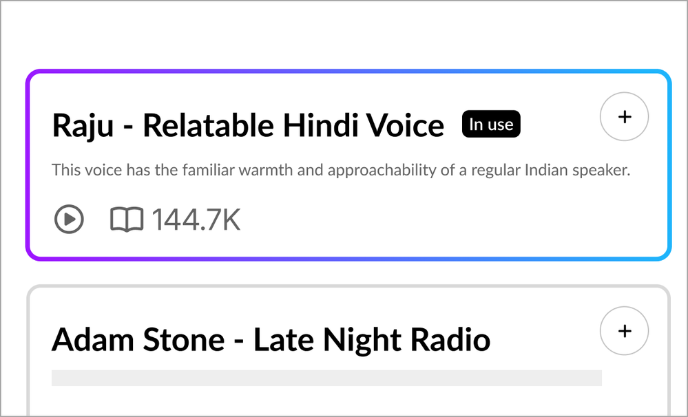 Voice option labeled “Raju – Relatable Hindi Voice” with play icon, usage stats, and description of voice style.