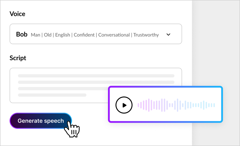 Rise's Voice and Script Editor Interface with “Generate speech” button and a waveform preview for audio playback.