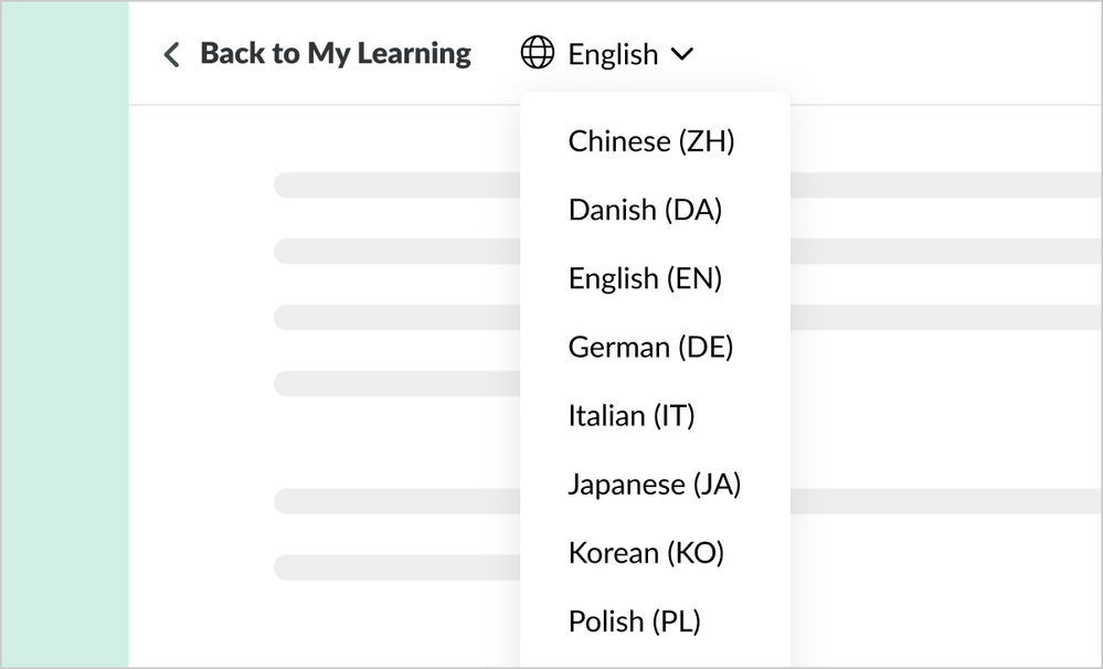 Language dropdown menu in Reach showing options like Chinese, Danish, English, German, Italian, Japanese, Korean, and Polish.