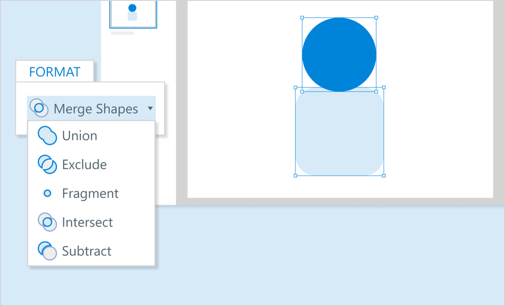 Format Shapes window with Merge Shapes dropdown menu open, showing options like Union, Exclude, and Intersect.