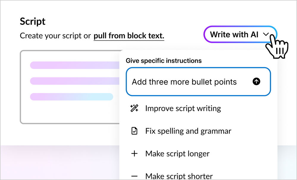 AI Script Writer menu with writing options shown, including adding bullet points, improving writing, fixing grammar, and changing script length.