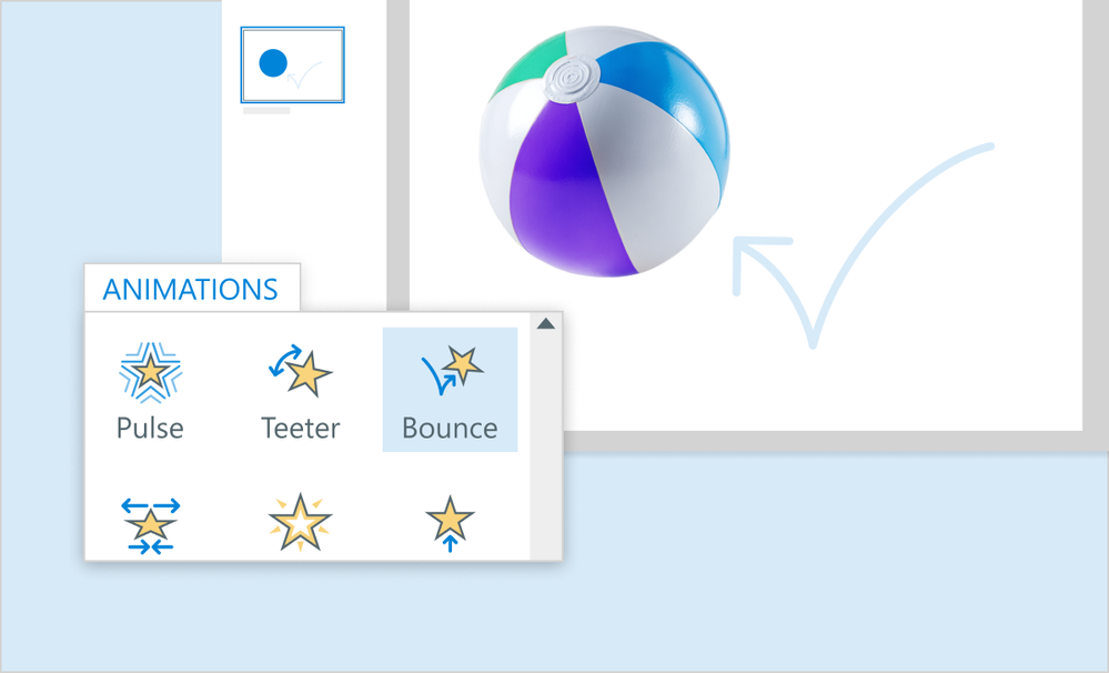 Interface showing animation effects like Pulse, Teeter, and Bounce, which is applied to a beach ball graphic.