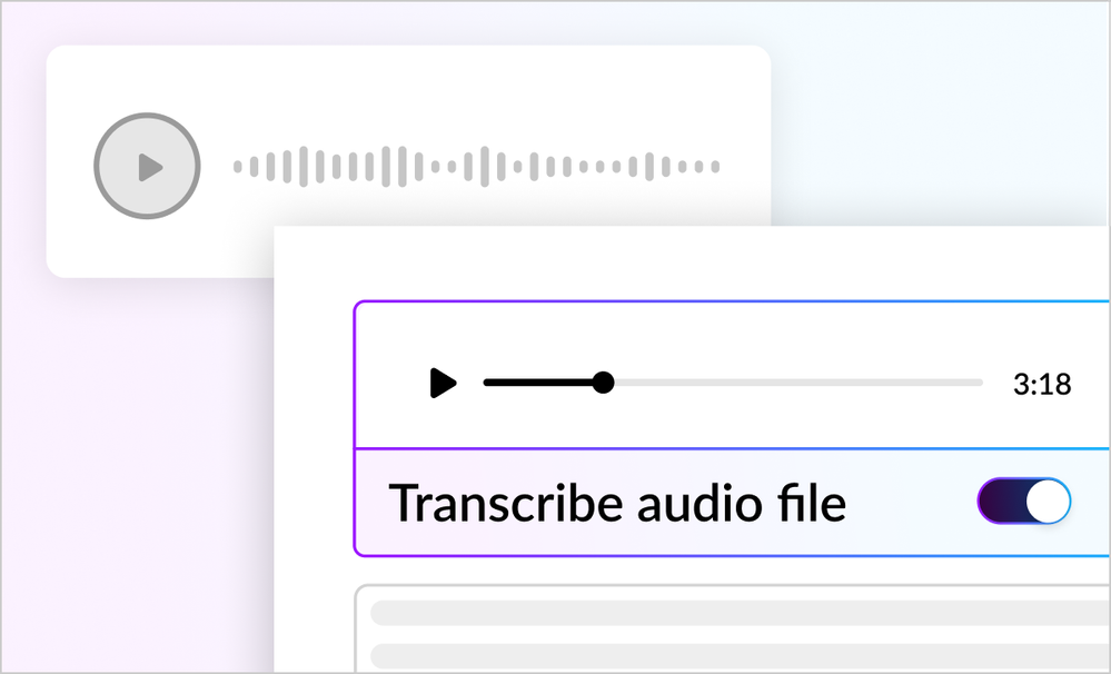 Audio player with “Transcribe audio file” toggle enabled and a 3-minute audio file shown.