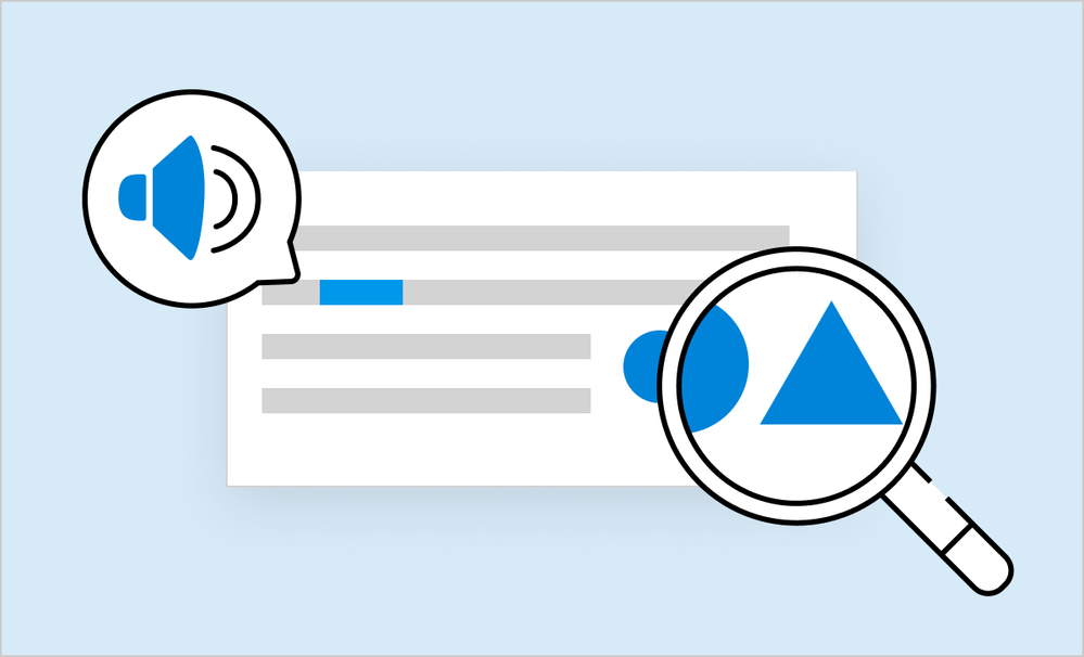 Illustration with a speaker icon and magnifier showing enhanced text and shape visibility for accessibility.