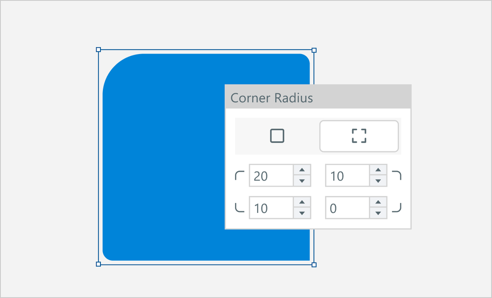 Editing panel displaying custom corner radius settings for a blue rounded rectangle shape.