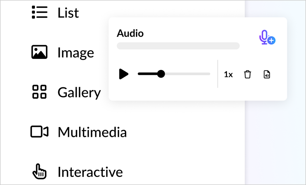 Rise's block menu showing the audio playback controls with speed adjustment, delete, and copy options.