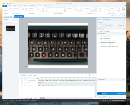 Animated gif depicting Storyline 360's UI and using the "C" key to drop cue points on the timeline.