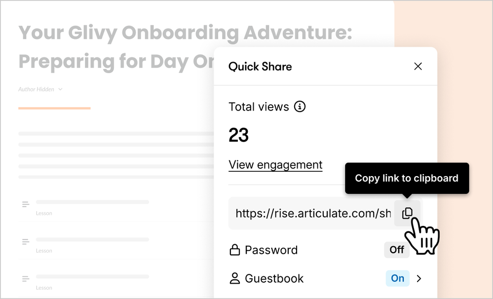 Quick Share interface showing the Copy Link button and options to create a password or view the guestbook.
