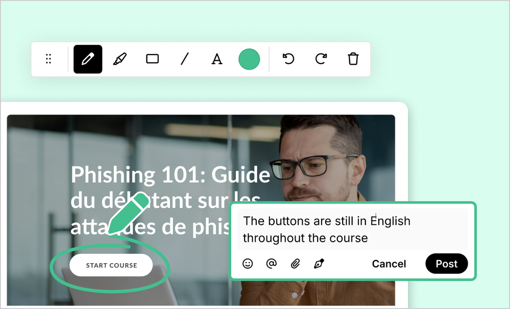Articulate 360 interface showcasing screenshot annotation options like the ability to add text, drawings, and shapes.