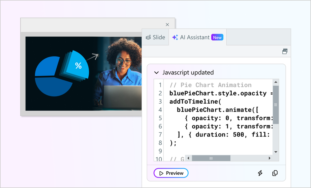 Articulate 360 interface showing some JavaScript code a user generated with AI Assistant to animate a pie chart.