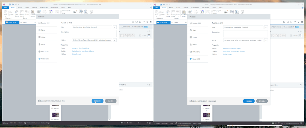 Animated gif depicting head-to-head publish performance between .NET Framework and modern .NET. The publish button is pressed first on the .NET Framework build, but modern .NET ultimately finishes well before Framework.