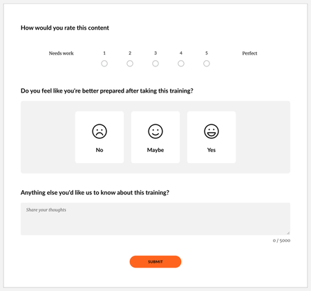 screenshot of 5-point scale, sentiment tracker, and free response questions