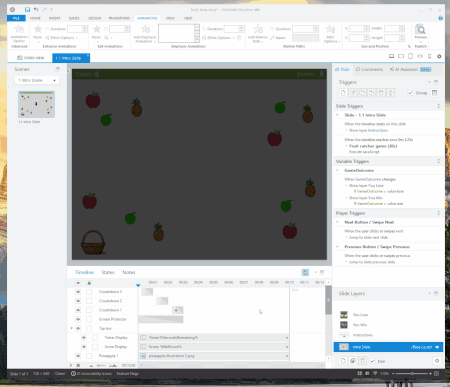 Animated gif depciting the fruit drop game described in the post. It shows both the authoring experience and JavaScript code, then goes into preview to show the game in action.