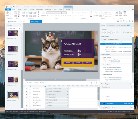 Animated gif depicting the opening of the quiz settings dialog from the result slide contextual ribbon. The gif then depicts the new checkbox to control the feature discussed in this article.